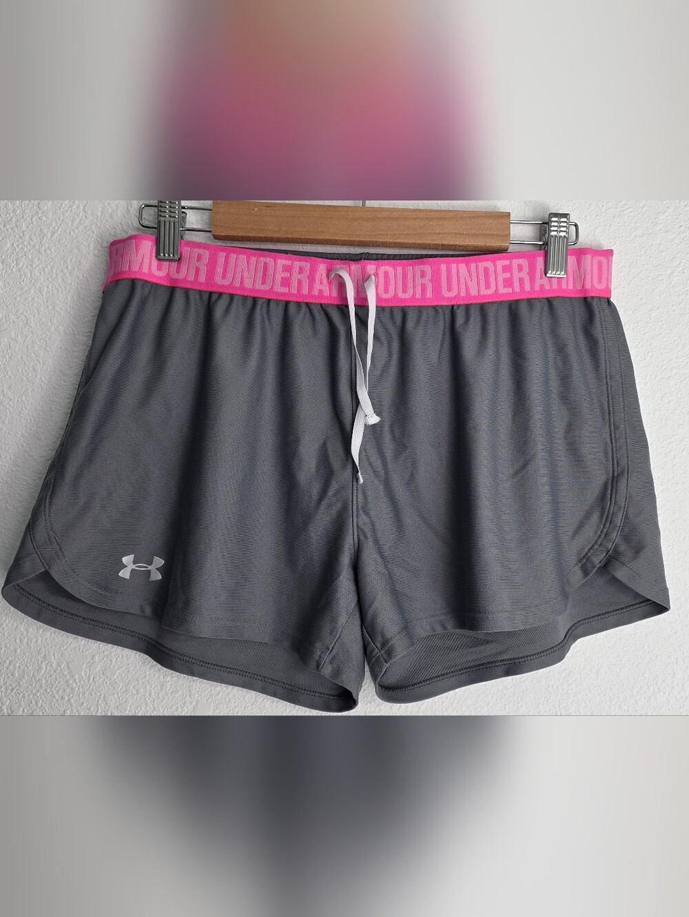 Under Armour Women's Gray Athletic Shorts with Pink Branded Waistband